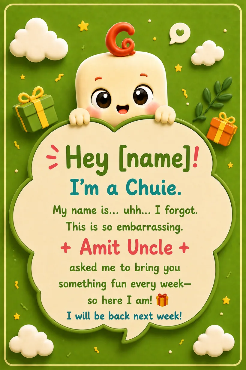 The card that comes in every Chuie box, with the child’s name and who sent it