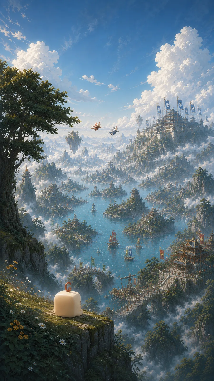 The Chuieverse — a low-ranked Chuie on a cliff, looking out over a valley of floating peaks, banners and pagodas